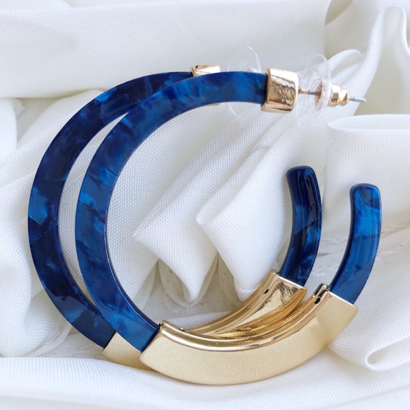Blue & Gold Acrylic Hoop Earrings - Picture 2 of 3